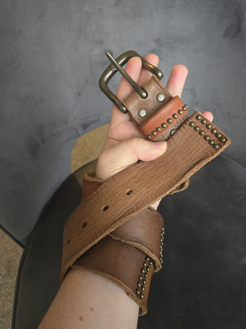 Leather Island Bill Lavin Vintage Wide Brown Studded Western Belt Double Prong